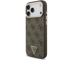 Guess PU odos 4G Strass trikampio logotipo auksinio rėmelio „MagSafe“ dėklas, skirtas „iPhone 18 Pro Max“, rudas