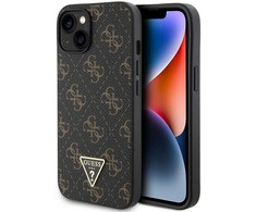 Guess 4G trikampio formos metalinis dėklas su logotipu iPhone 14/15/13 - juodas