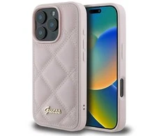 Guess Quilted Metal Logo Apple iPhone 16 Pro - dėklas telefonui rožinės spalvos