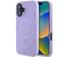 Guess Saffiano Peony Stamp MagSafe Apple iPhone 16 dėklas telefonui violetinės spalvos