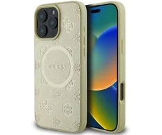 Guess Saffiano Peony Stamp MagSafe Apple iPhone 16 Pro dėklas telefonui aukso spalvos