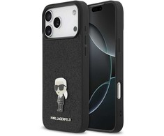 Karl Lagerfeld Fixed Glitter Metal Ikonik dėklas skirtas Apple iPhone 17 Pro Max juodos spalvos