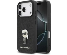 Karl Lagerfeld Fixed Glitter Metal Ikonik dėklas skirtas Apple iPhone 17 Pro juodos spalvos
