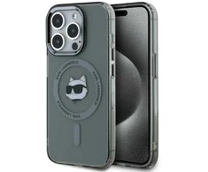 Karl Lagerfeld IML Choupette Head Metal Frame MagSafe dėklas telefonui Apple iPhone 15 Pro juodos spalvos