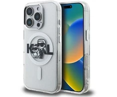 Karl Lagerfeld IML Glitter Karl and Choupette Sketch MagSafe dėklas Apple iPhone 16 Pro skaidrus