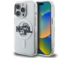 Karl Lagerfeld IML Glitter Karl and Choupette Sketch MagSafe dėklas Apple iPhone 15 Pro skaidrus