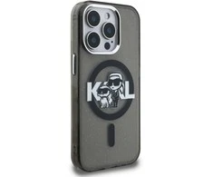 Karl Lagerfeld IML Glitter Karl and Choupette Sketch MagSafe dėklas Apple iPhone 15 Pro juodos spalvos
