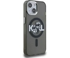 Karl Lagerfeld IML Glitter Karl and Choupette Sketch MagSafe dėklas Apple iPhone 15 juodos spalvos
