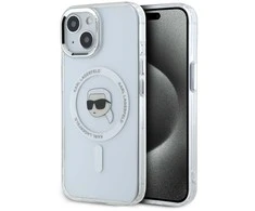 Karl Lagerfeld dėklas skirtas Apple iPhone 15 compatible with MagSafe KLHMP15SHLSKIH (IML Metal K Head) baltos spalvos