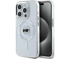 Karl Lagerfeld dėklas skirtas Apple iPhone 15 Pro compatible with MagSafe KLHMP15LHLSKIH (IML Metal K Head) baltos spalvos