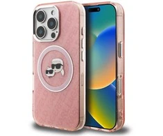 Karl Lagerfeld IML K&CH Heads Repeated Logo MagSafe dėklas Apple iPhone 16 Pro rožinės spalvos
