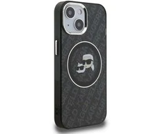 Karl Lagerfeld IML K&amp;CH Heads Repeated Logo MagSafe dėklas Apple iPhone 15 juodos spalvos