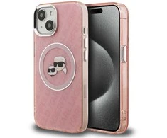 Karl Lagerfeld IML K&amp;CH Heads Repeated Logo MagSafe dėklas Apple iPhone 15 rožinės spalvos