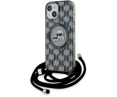Apple iPhone 13 / 14 / 15 Karl Lagerfeld Hardcase IML Crossbody Monogram Karl &amp; Choupette Head MagSafe (KLHMP15SHCKCKLCK) dėklas telefonui juodos spalvos