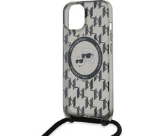 Apple iPhone 13 / 14 / 15 Karl Lagerfeld Hardcase IML Crossbody Monogram Karl &amp; Choupette Head MagSafe (KLHMP15SHCKCKLCK) dėklas telefonui juodos spalvos