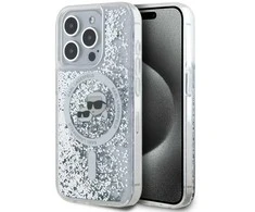Karl Lagerfeld Liquid Glitter Karl and Choupette Heads MagSafe dėklas telefonui Apple iPhone 15 Pro Max skaidrus
