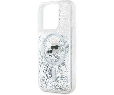 Karl Lagerfeld Liquid Glitter Karl and Choupette Heads MagSafe dėklas telefonui Apple iPhone 15 Pro skaidrus