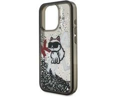 Karl Lagerfeld Liquid Glitter Scattered Choupette dėklas Apple iPhone 16 Pro Max juodos spalvos