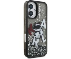 Karl Lagerfeld Liquid Glitter Scattered Choupette dėklas Apple iPhone 16 juodos spalvos
