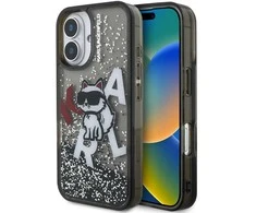 Karl Lagerfeld Liquid Glitter Scattered Choupette dėklas Apple iPhone 16 juodos spalvos