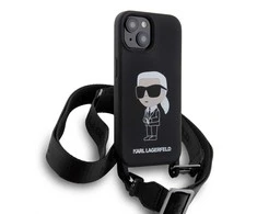 Apple iPhone 15 Karl Lagerfeld dėklas juodos spalvos Crossbody silikoninis Ikonik (KLHCP15SSCBSKNK) juodos spalvos