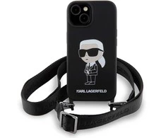 Apple iPhone 15 Karl Lagerfeld dėklas juodos spalvos Crossbody silikoninis Ikonik (KLHCP15SSCBSKNK) juodos spalvos