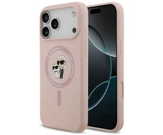 Karl Lagerfeld Liquid Silicone Karl and Choupette MagSafe dėklas, skirtas iPhone 18 Pro Max, rožinis
