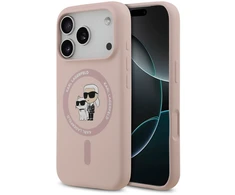 Karl Lagerfeld Liquid Silicone Karl and Choupette MagSafe dėklas, skirtas iPhone 18 Pro, rožinis