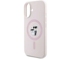 Karl Lagerfeld KLHMP16SSCMKCRHP iPhone 16 6,1 colio eilinis/rožinis kietas dėklas Silikoninis Karl&amp;Choupette galvučių žiedas MagSafe