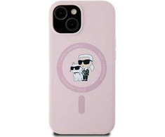Karl Lagerfeld Liquid silikoninis Karl and Choupette MagSafe Apple iPhone 15 dėklas telefonui rožinės spalvos