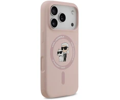 Karl Lagerfeld Liquid Silicone Karl and Choupette MagSafe dėklas, skirtas iPhone 18 Pro, rožinis