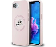 Karl Lagerfeld dėklas skirtas Apple iPhone 16e (SE 4 2025) suderinamas su MagSafe KLHMPSE4SKCHTCP (Silicone Double Heads) rožinės spalvos
