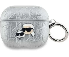 Karl Lagerfeld PU Embossed Karl and Choupette Heads dėklas ausinėms AirPods Pro 2 sidabrinės spalvos