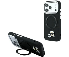 Dėklas Karl Lagerfeld with Ring Stand 360 Karl &amp; Choupette Heads Pin MagSafe Case for iPhone 18 Pro / 17 Pro - Juodas