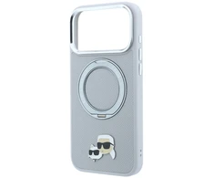 Karl Lagerfeld PU Grained K&CH Heads Ring Stand Magsafe dėklas, skirtas iPhone 18 Pro Max, pilkas