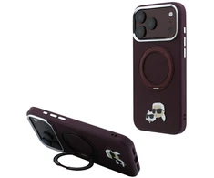 Dėklas Karl Lagerfeld with Ring Stand 360 Karl &amp; Choupette Heads Pin MagSafe do iPhone 18 Pro Max / 17 Pro Max bordo spalvos
