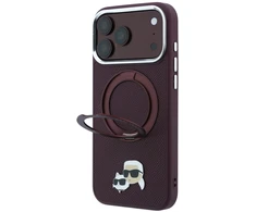 Dėklas Karl Lagerfeld with Ring Stand 360 Karl &amp; Choupette Heads Pin MagSafe do iPhone 18 Pro Max / 17 Pro Max bordo spalvos