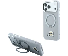 Karl Lagerfeld PU Grained K&CH Heads Ring Stand Magsafe dėklas, skirtas iPhone 18 Pro Max, pilkas