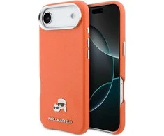Karl Lagerfeld PU Karl and Choupette Heads Pins MagSafe dėklas skirtas Apple iPhone Air Oranžinis