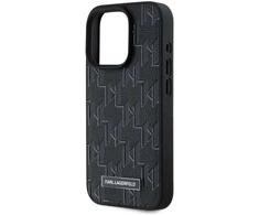Karl Lagerfeld PU Leather Monogram Metal Logo MagSafe dėklas telefonui Apple iPhone 15 Pro juodos spalvos