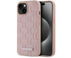 Dėklas Karl Lagerfeld Leather Monogram Metal Logo MagSafe skirtas Apple iPhone 15 rožinės spalvos