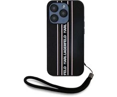 Karl Lagerfeld PU Saffiano Athleisure Stripe and Strap dėklas telefonui Apple iPhone 15 Pro rožinės spalvos
