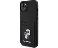Apple iPhone 15 Karl Lagerfeld dėklas Saffiano Cardslot Karl&amp;Choupette Metal Pin (KLHCP15SSAPKCNPK) juodos spalvos