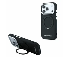 Karl Lagerfeld PU Saffiano dėklas su žiediniu stovu ir MagSafe funkcija, skirtas iPhone 18 Pro, juodas
