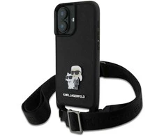 Karl Lagerfeld KLHCP16SSAKCPBK Apple iPhone 16 6.1" dėklas telefonui juodos spalvos Saffiano Karl&amp;Choupette Metal Pin CBDY Strap