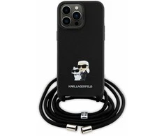 Karl Lagerfeld KLHCP15XSAKCPSK Apple iPhone 15 Pro Max 6.7″ kietas dėklas juodos spalvos Crossbody Saffiano Metal