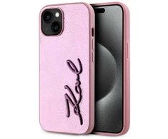 Karl Lagerfeld Wrinkled PU Signature Logo dėklas telefonui Apple iPhone 15 rožinės spalvos