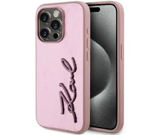 Karl Lagerfeld Wrinkled PU Signature Logo dėklas telefonui Apple iPhone 15 Pro Max rožinės spalvos