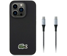 Lacoste Iconic Petit Pique Woven Logo MagSafe dėklas skirtas Apple iPhone 15 Pro juodos spalvos + USB-C/USB-C kabelis