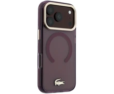 Lacoste PC/TPU matinis dėklas su auksiniu logotipu ir MagSafe funkcija, skirtas iPhone 18 Pro, bordo spalvos